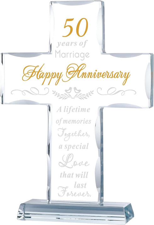 50th Wedding Anniversary Religious Cross Gift - Laser Engraved Glass Standing Cross Keepsake
